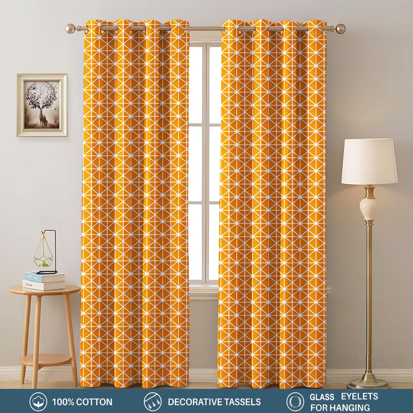 Milan Collection Cotton Curtain with Geometric Print for Window/Door/Long Door – Yellow (Pack of 1)