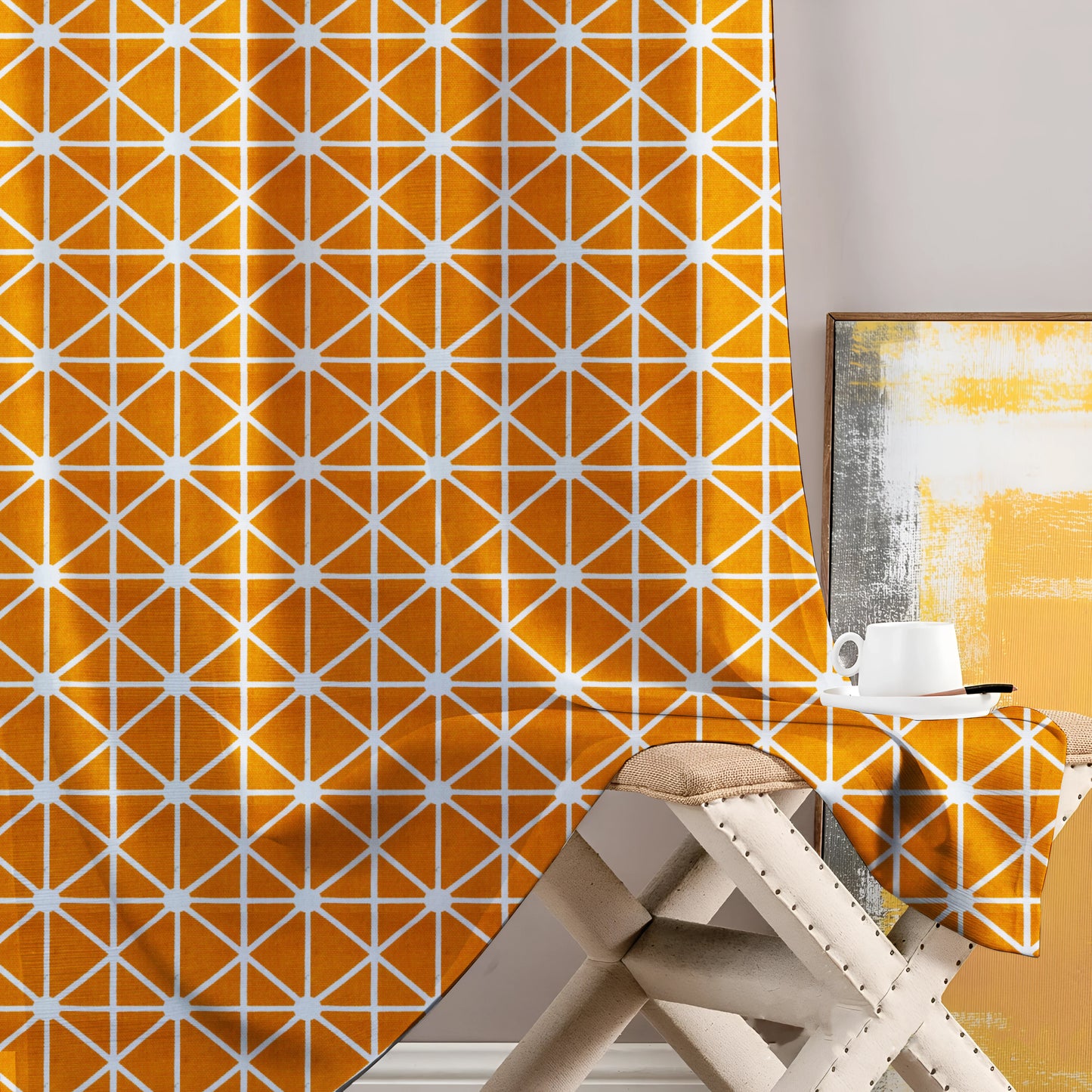 Milan Collection Cotton Curtain with Geometric Print for Window/Door/Long Door – Yellow (Pack of 1)