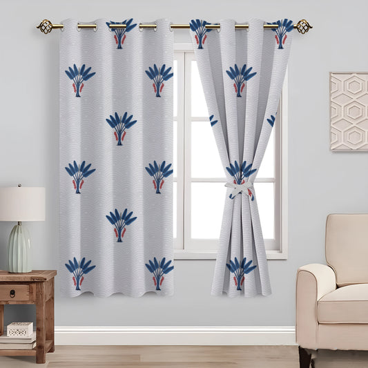 Milan Collection Cotton Curtain with Floral Print for Window/Door/Long Door – Blue (Pack of 1)