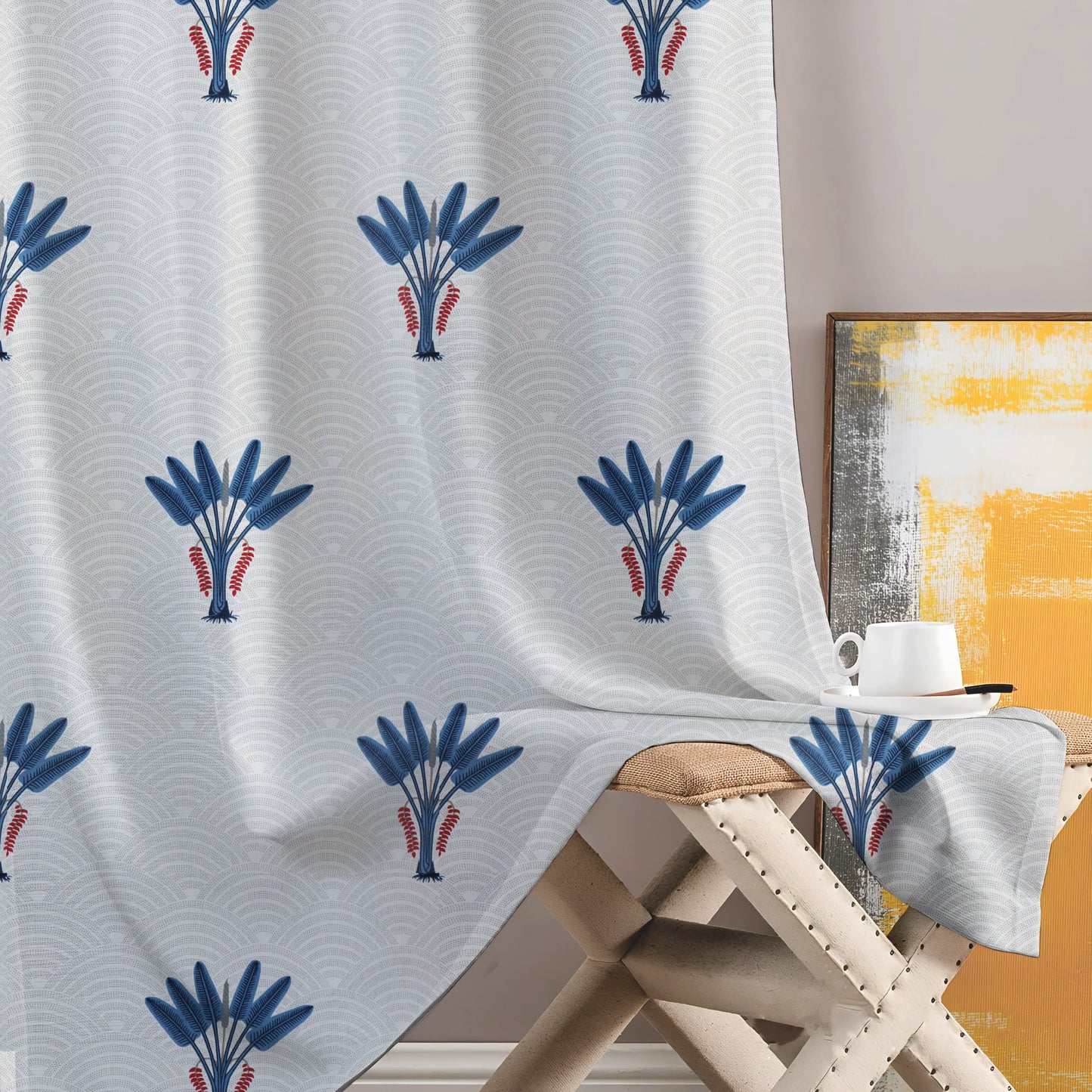 Milan Collection Cotton Curtain with Floral Print for Window/Door/Long Door – Blue (Pack of 1)