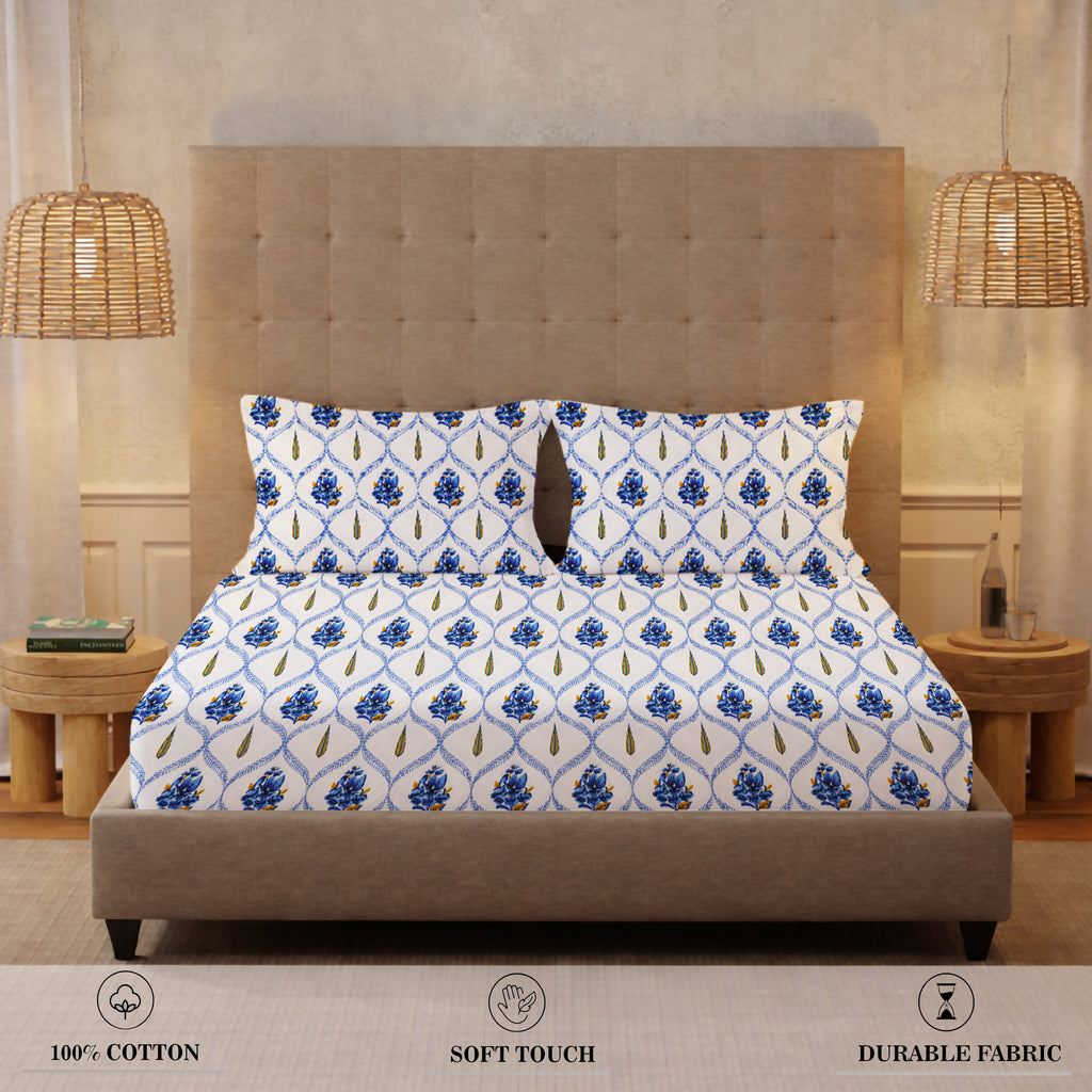 King Size Fitted Bedsheet AJ 66 (200 TC) with 2 Pillow Covers (198 cm X 182 cm X 18 cm)