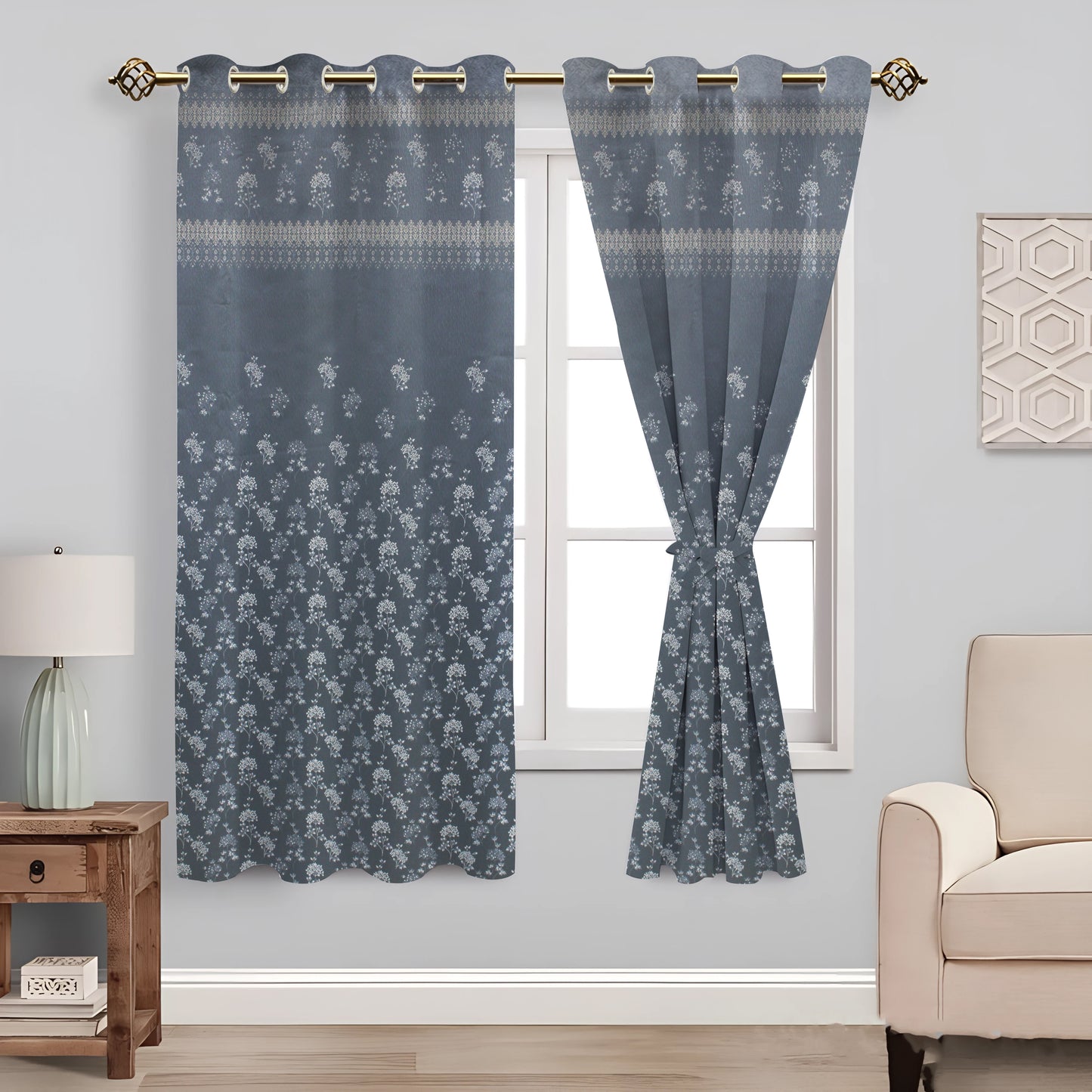 Berlin Collection Pannel Curtain Floral Print For Window/Door/Long Door - GBlue (Pack Of 1)