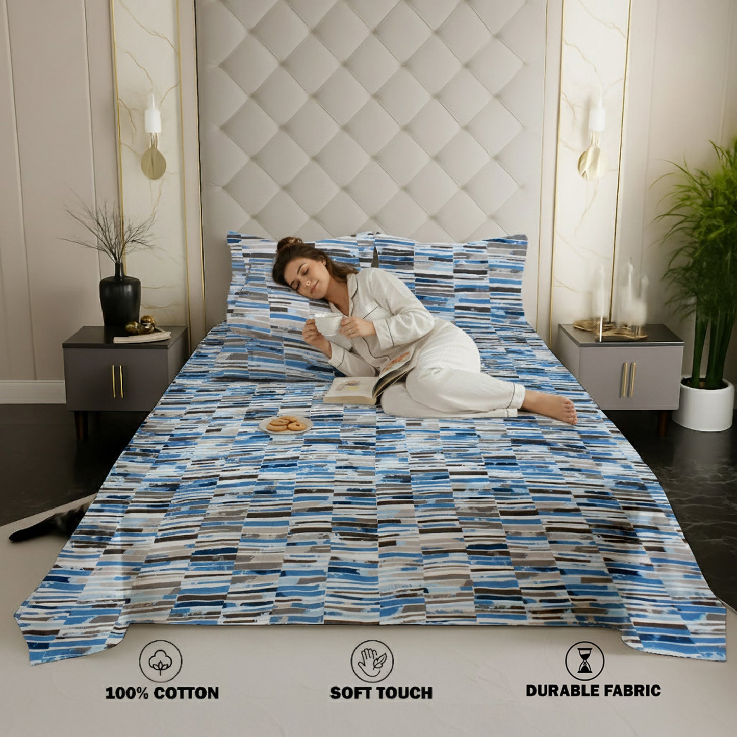 London Collection Cotton Flat Bedsheet- Blue