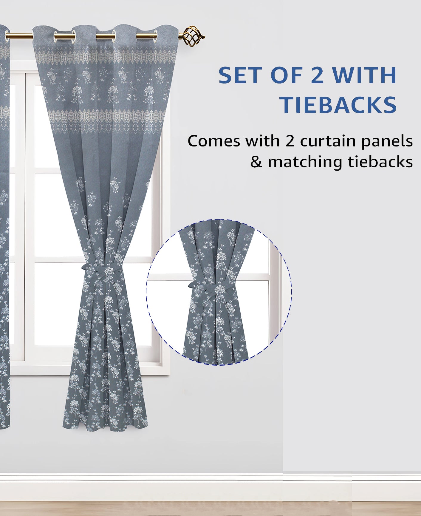 Berlin Collection Pannel Curtain Floral Print For Window/Door/Long Door - GBlue (Pack Of 1)