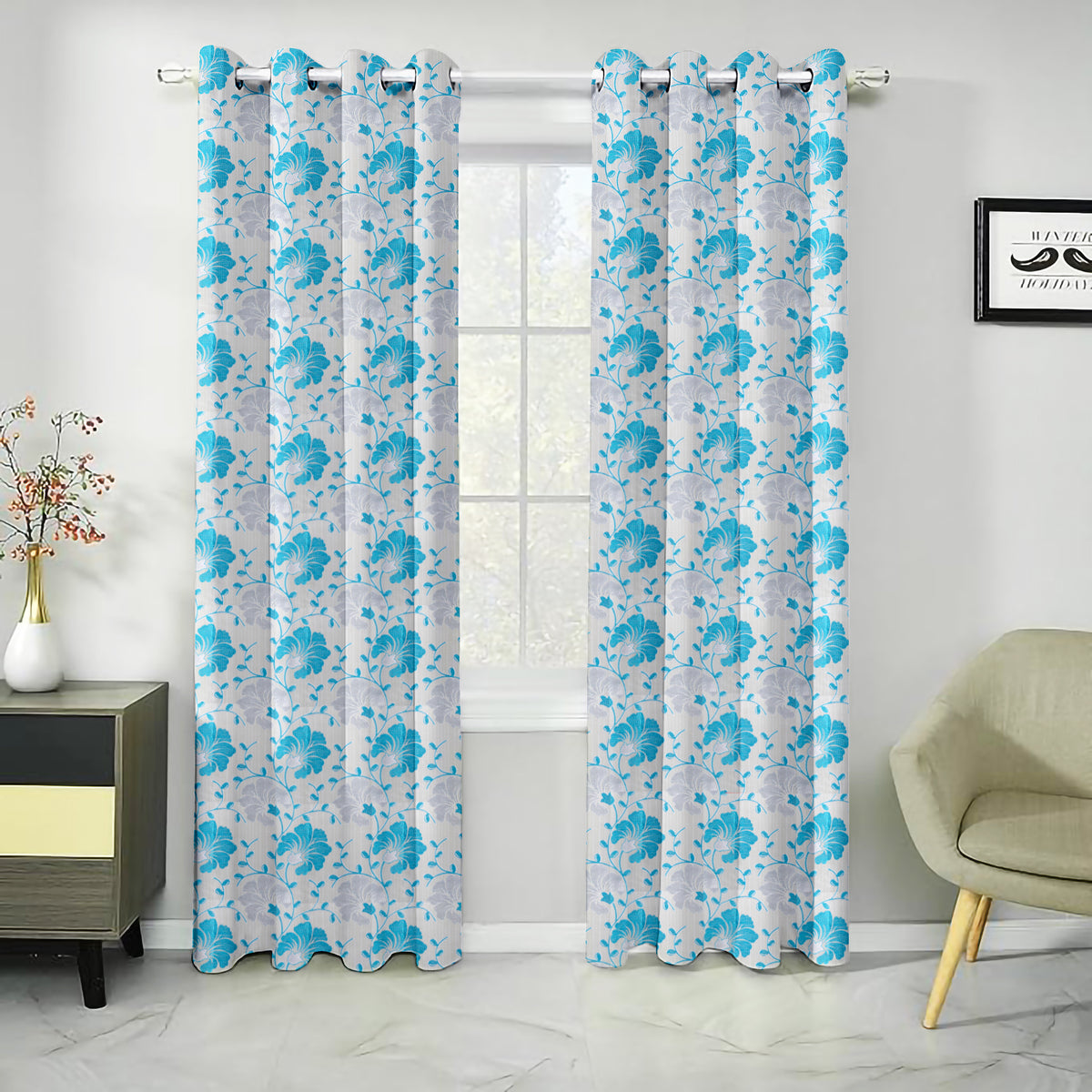 Venice Collection Room Darkening Premium Curtain - Floral Aqua (Pack of 1)